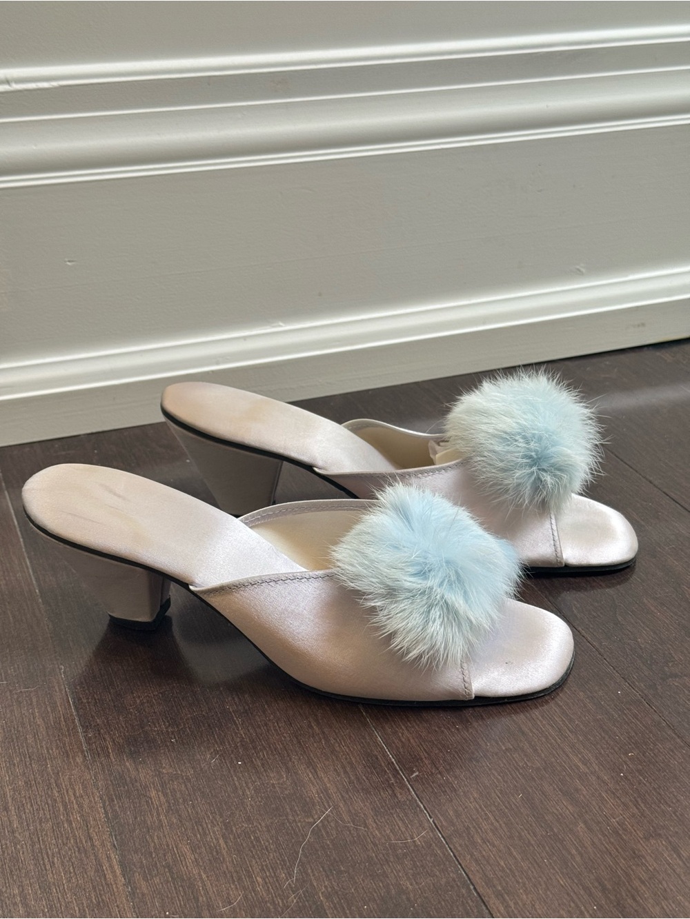 Y2K Rare Metallic Blue Silver Pom Pom Heels π©΅β¨
